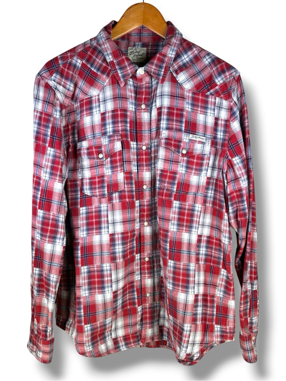 Lucky Brand Red & White Plaid Patchwork Snap Button Western LS Shirt in Size XL